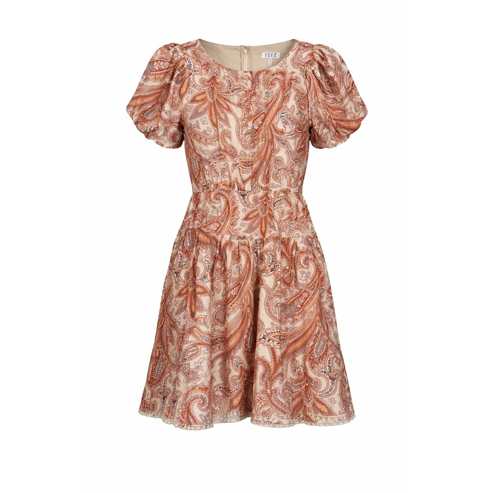 TCEC Paisley Print Dress Size M Orange Puff Sleeves Ruffled Waist Tapestry-Like